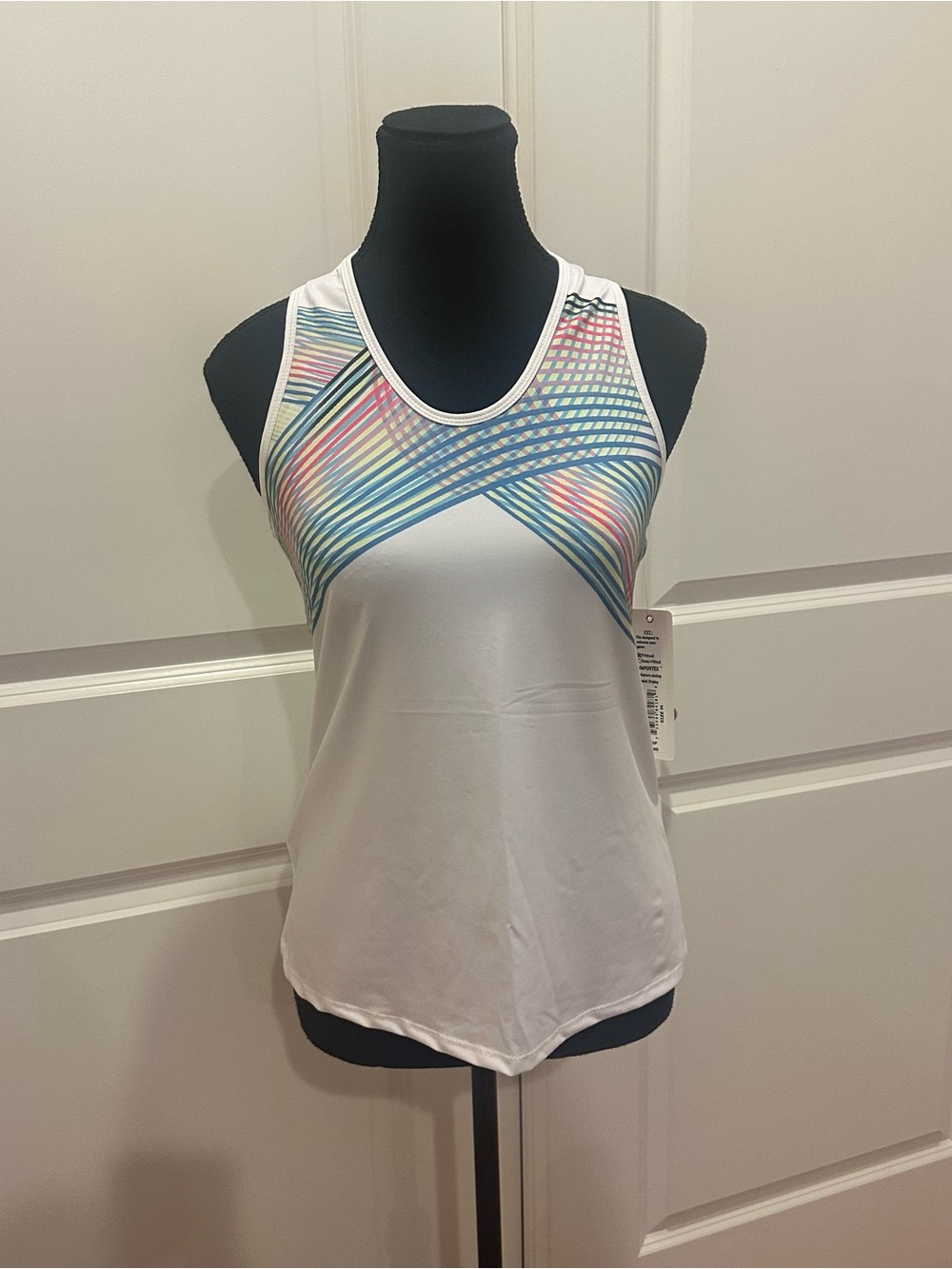 Lucky in Love White Tank with Pastel Rainbow Stripe Yoke